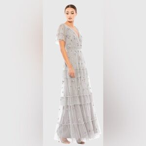 Mac Duggal 9068 NWT Gray Tiered Embellished Flutter Sleeve Gown SZ 2